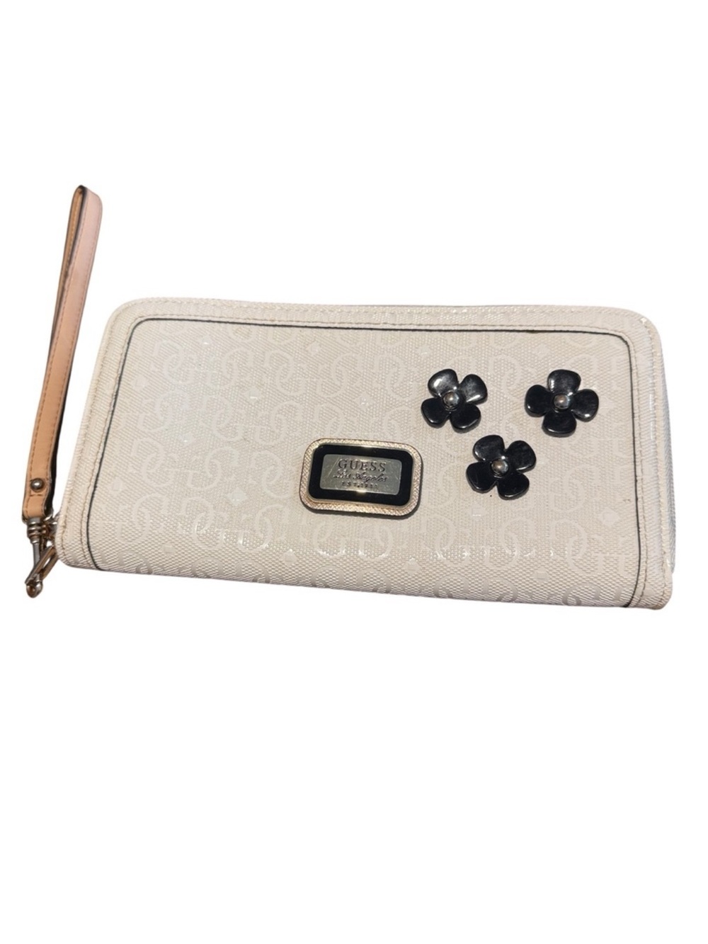 GUESS White Zip Around Wallet Black Flower Detail Monogram Pattern Y2K